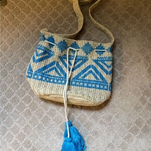 Blue and Tan Woven Shoulder Bag